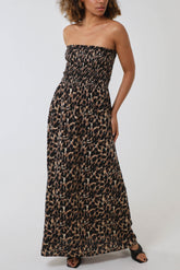Strapless Bandeau Animal Shirred Maxi Dress