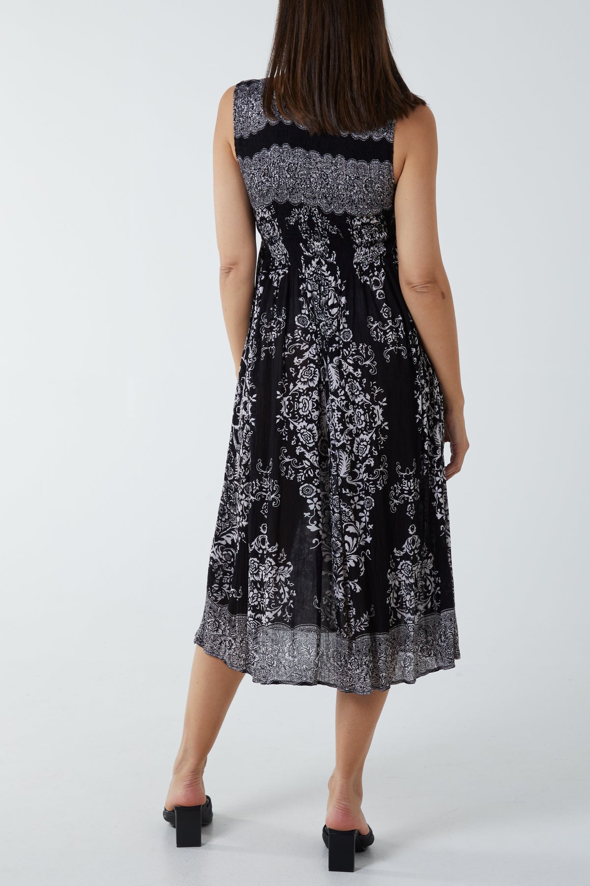 Shirred Baroque Print Midi Dress