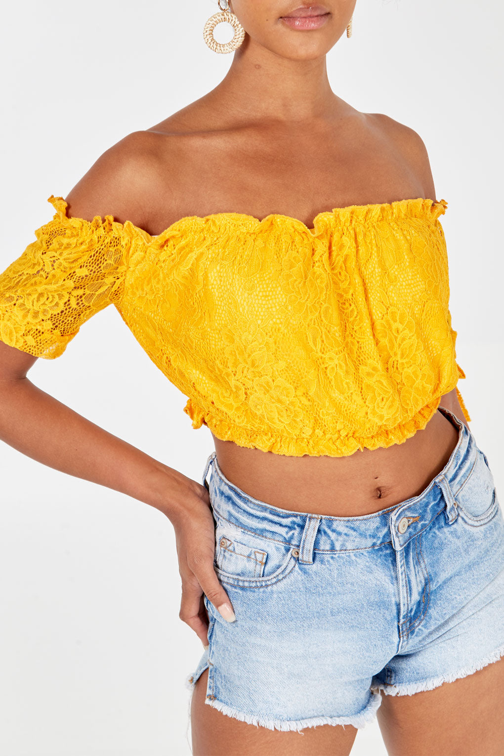Lace Bardot Crop Top With Tie Sleeves