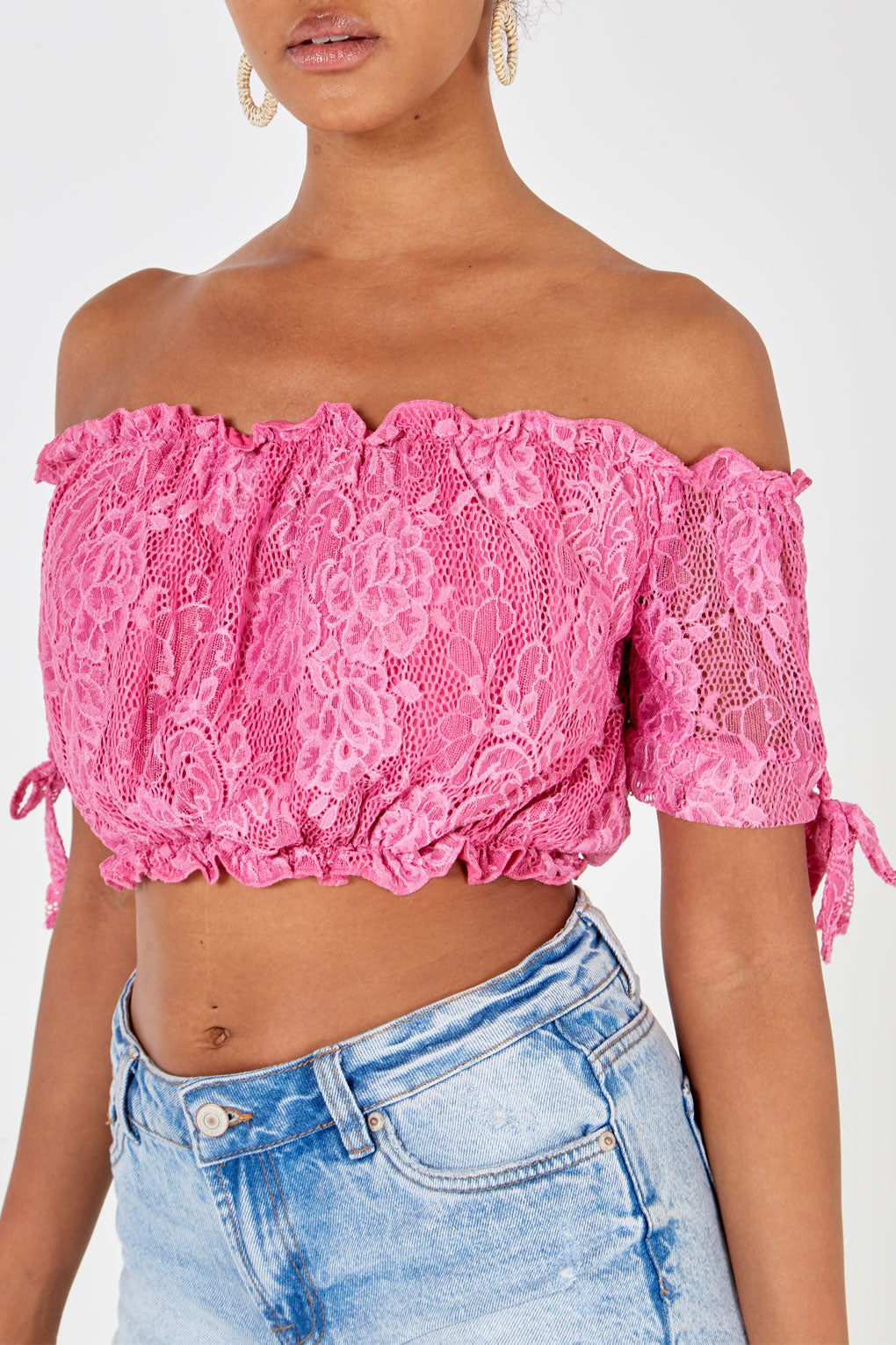 Lace Bardot Crop Top With Tie Sleeves