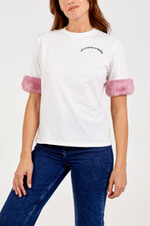 Fluffy Trim Sleeved Slogan Tee
