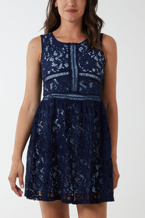 Ladder Trim Sleeveless Lace Dress