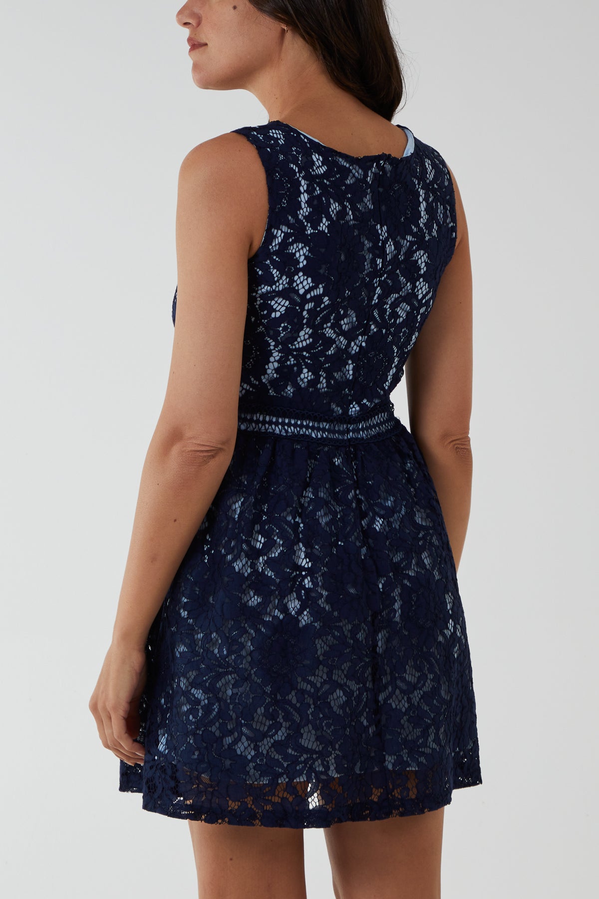 Ladder Trim Sleeveless Lace Dress