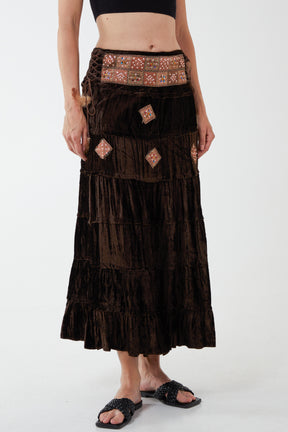 Embellished Waist Side Tie Up Tiered Long Skirt