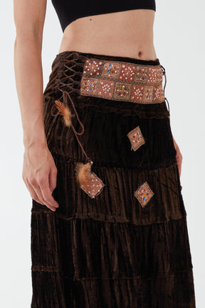 Embellished Waist Side Tie Up Tiered Long Skirt