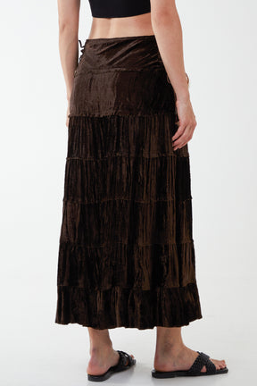 Embellished Waist Side Tie Up Tiered Long Skirt