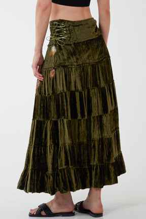 Embellished Waist Side Tie Up Tiered Long Skirt