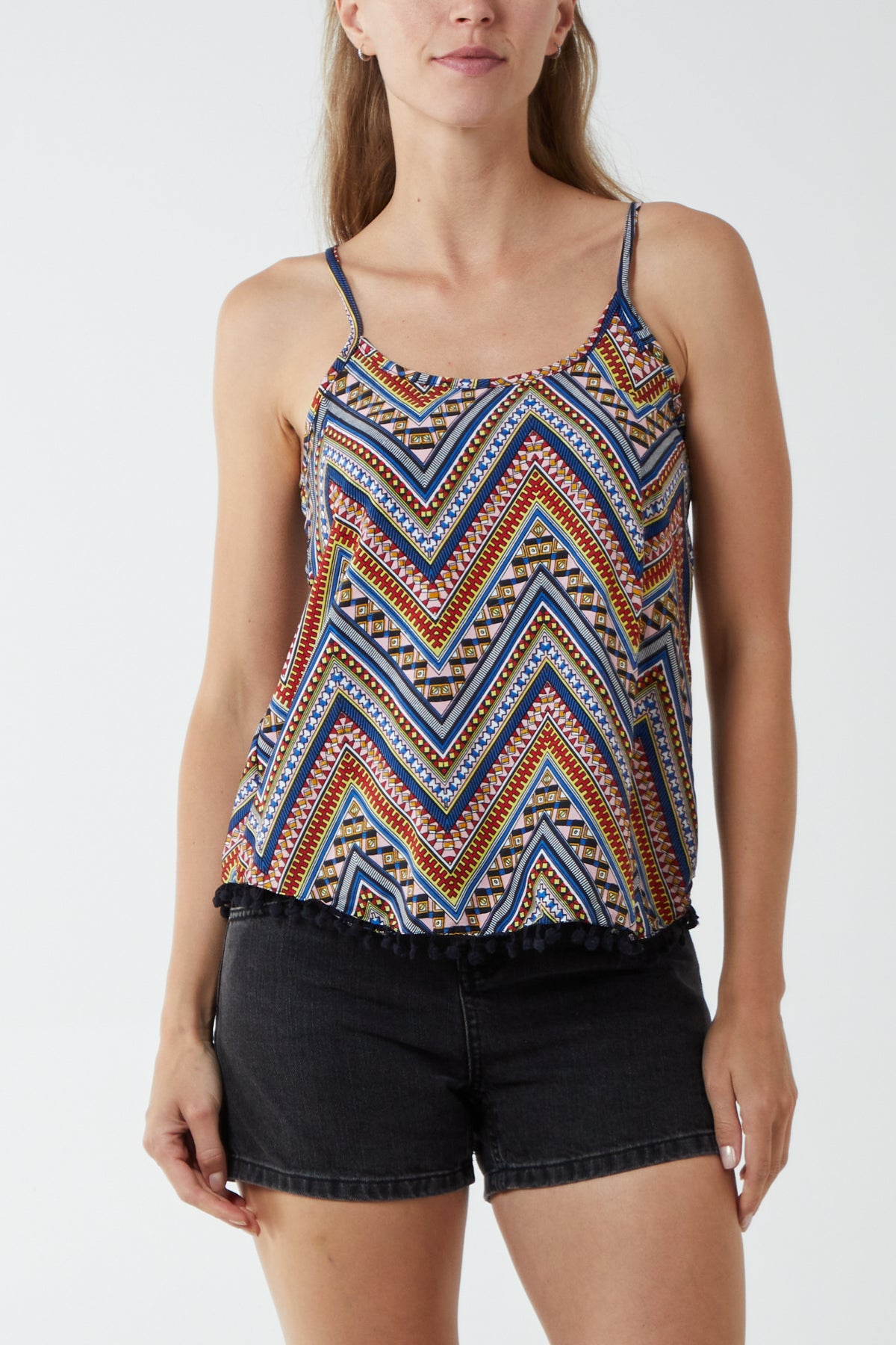 Aztec Print Cami Top w/ Pom Pom Trim