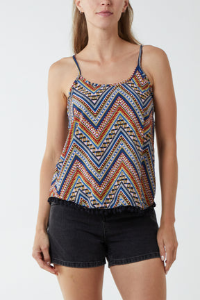 Aztec Print Cami Top w/ Pom Pom Trim