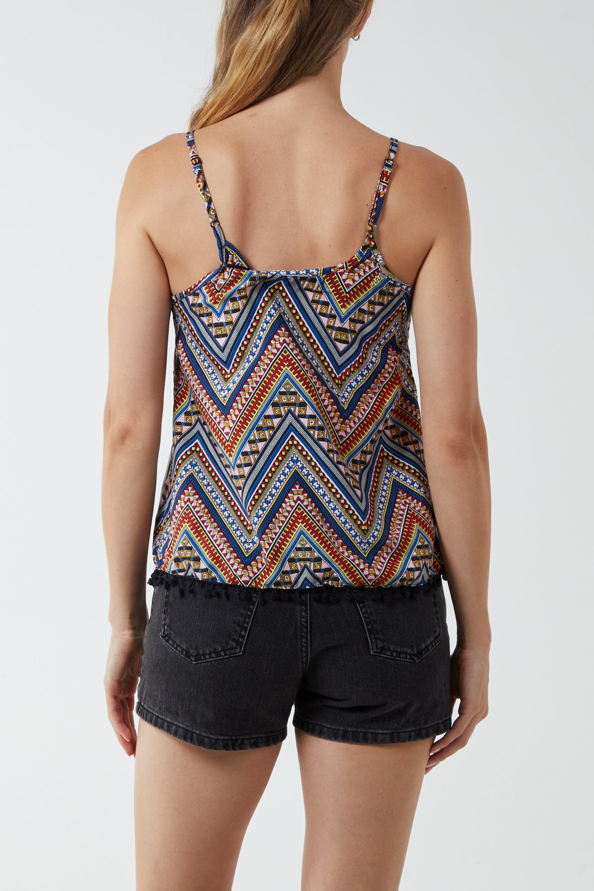 Aztec Print Cami Top w/ Pom Pom Trim