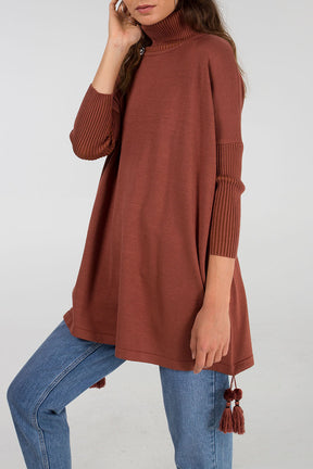 Roll Neck Tassel Trim Poncho