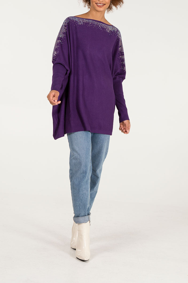 Diamante Detail Oversized Batwing Jumper