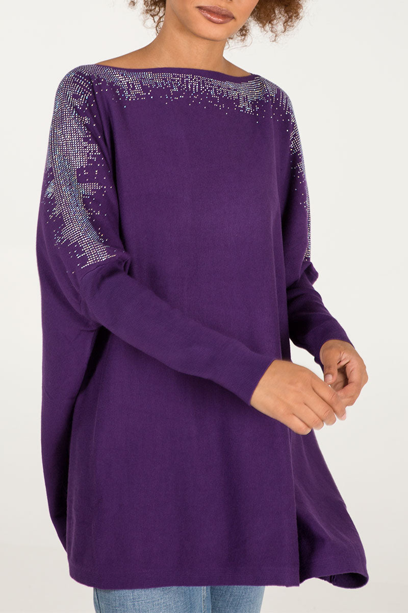 Diamante Detail Oversized Batwing Jumper