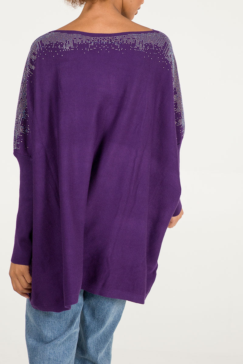Diamante Detail Oversized Batwing Jumper