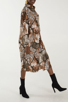 Animal Mix Print Midi Shirt Dress