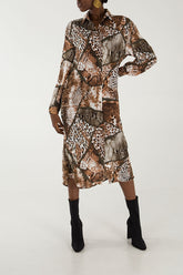 Animal Mix Print Midi Shirt Dress