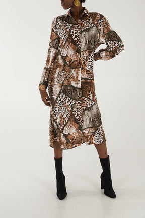 Animal Mix Print Midi Shirt Dress