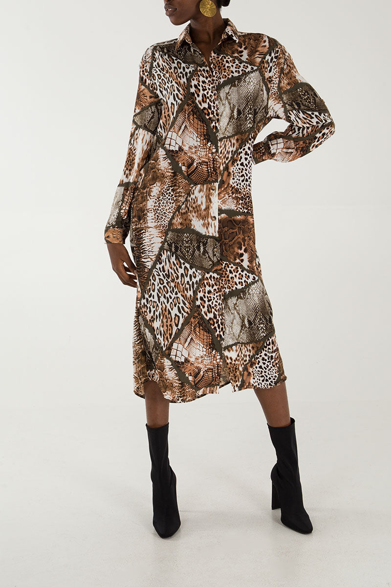 Animal Mix Print Midi Shirt Dress