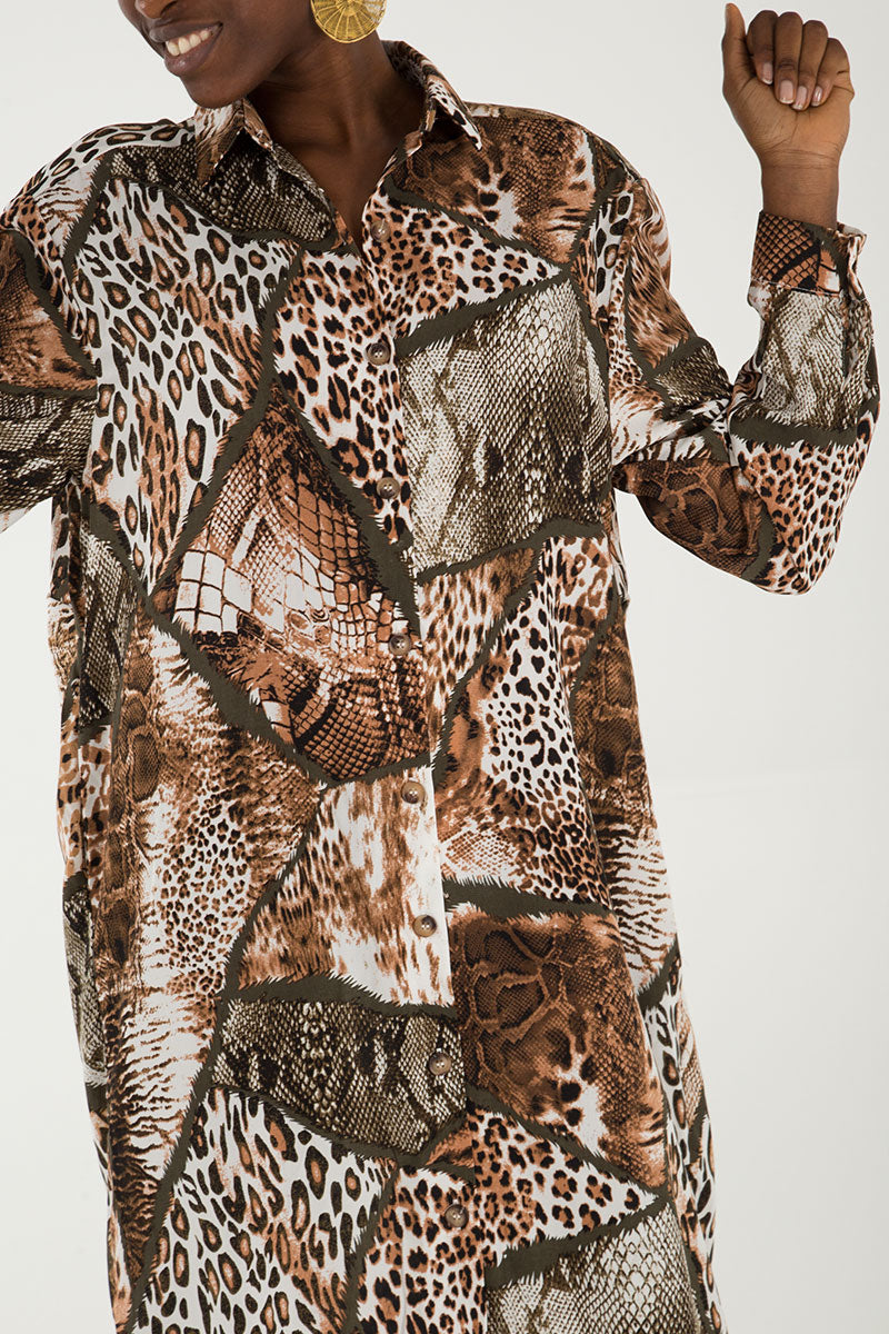 Animal Mix Print Midi Shirt Dress