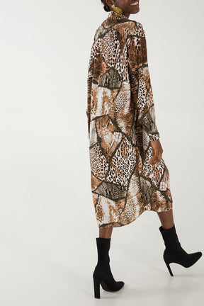 Animal Mix Print Midi Shirt Dress