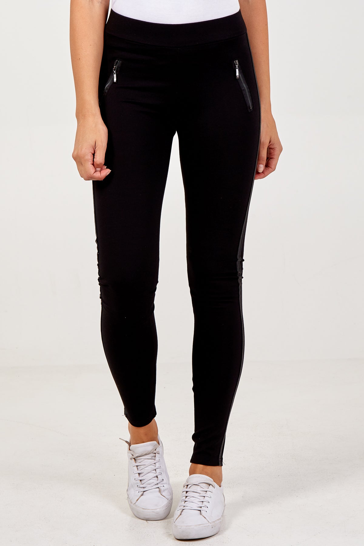 Zipped Pocket Leggings With PU Stripe On The Sides