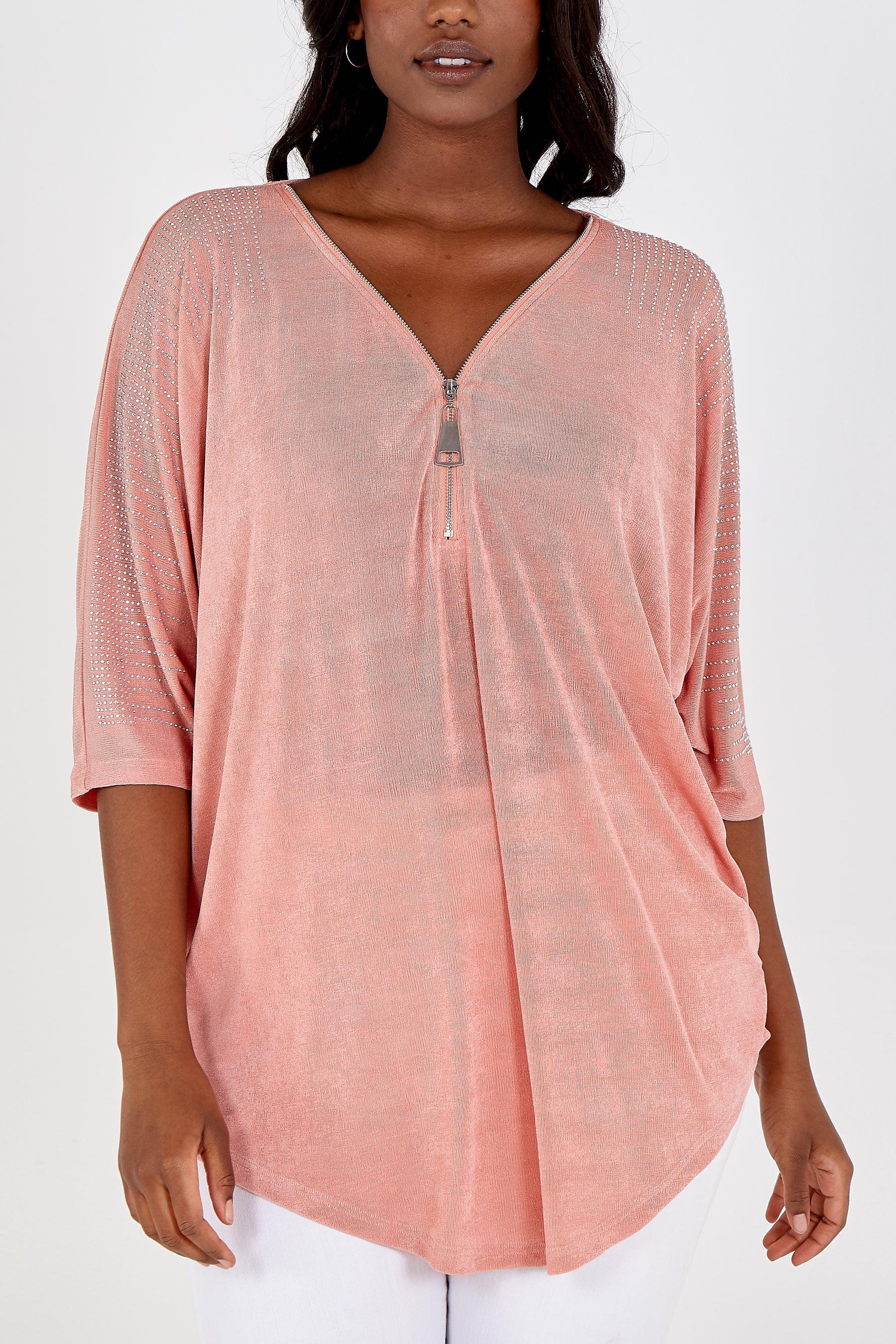 Curve Zip Front Diamante Top