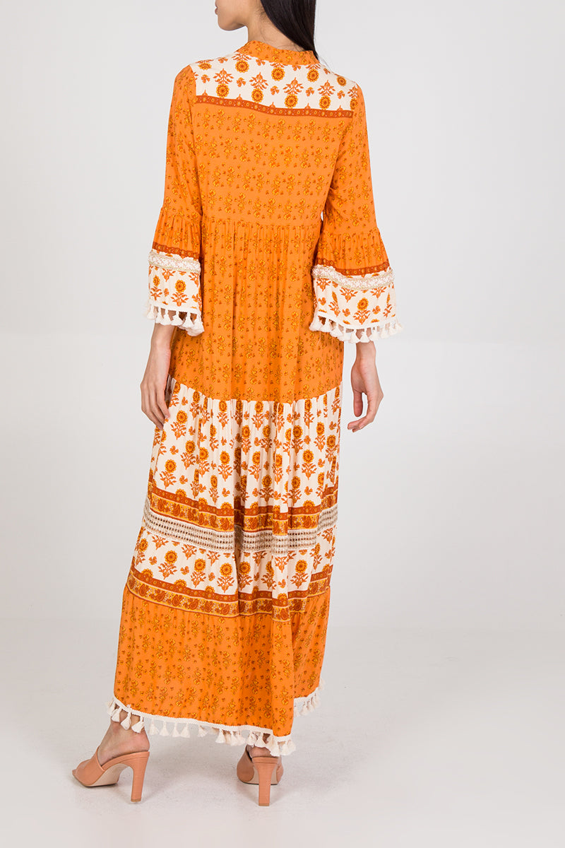 V-Neck Tassel Peasant Print Maxi Dress