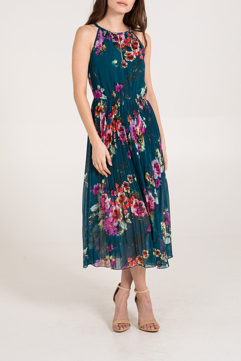 Floral Print Pleated Midi Dress