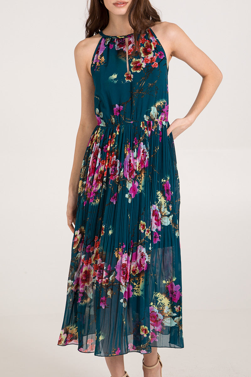Floral Print Pleated Midi Dress