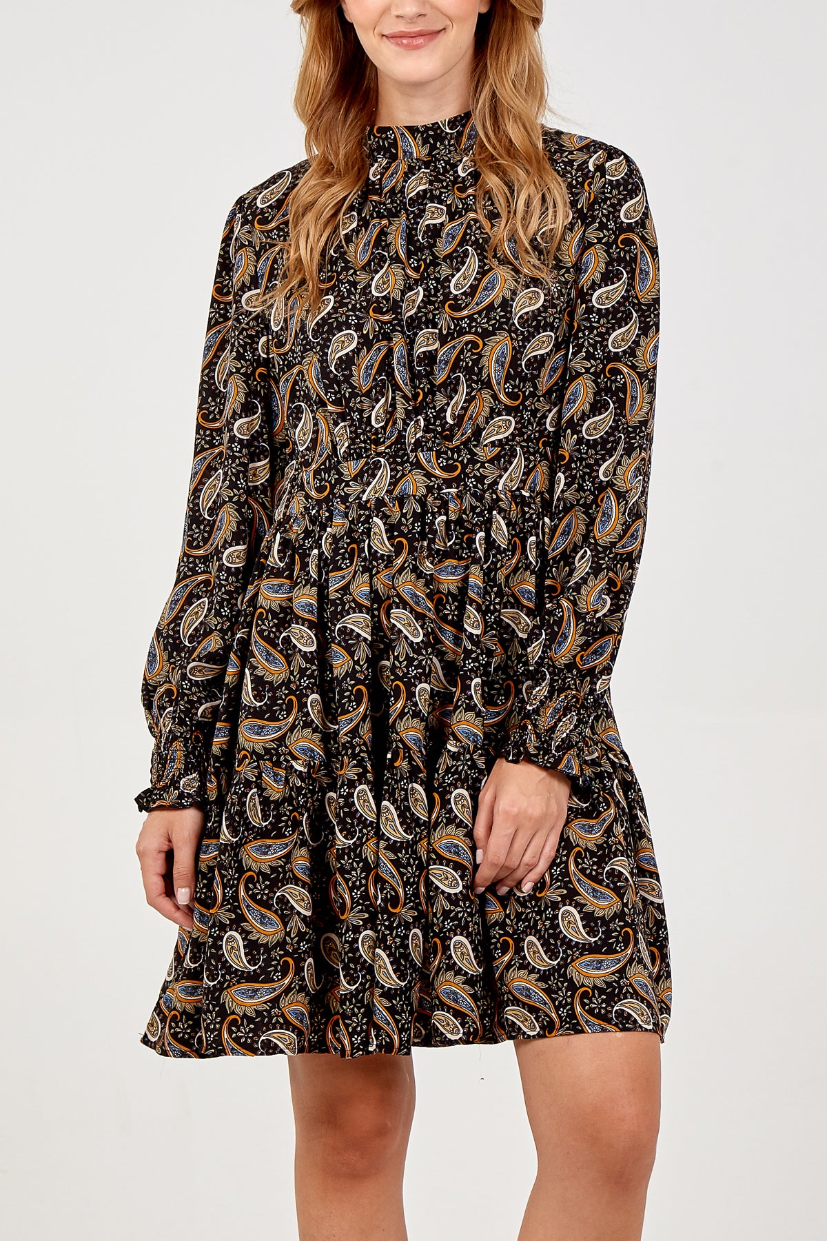 Paisley Print Long Sleeve Tiered Dress