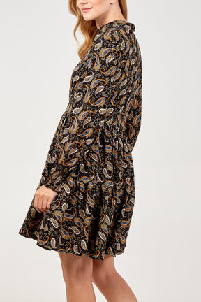 Paisley Print Long Sleeve Tiered Dress