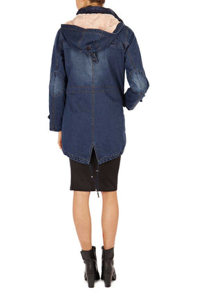 Denim Parka with Faux Fur Hood