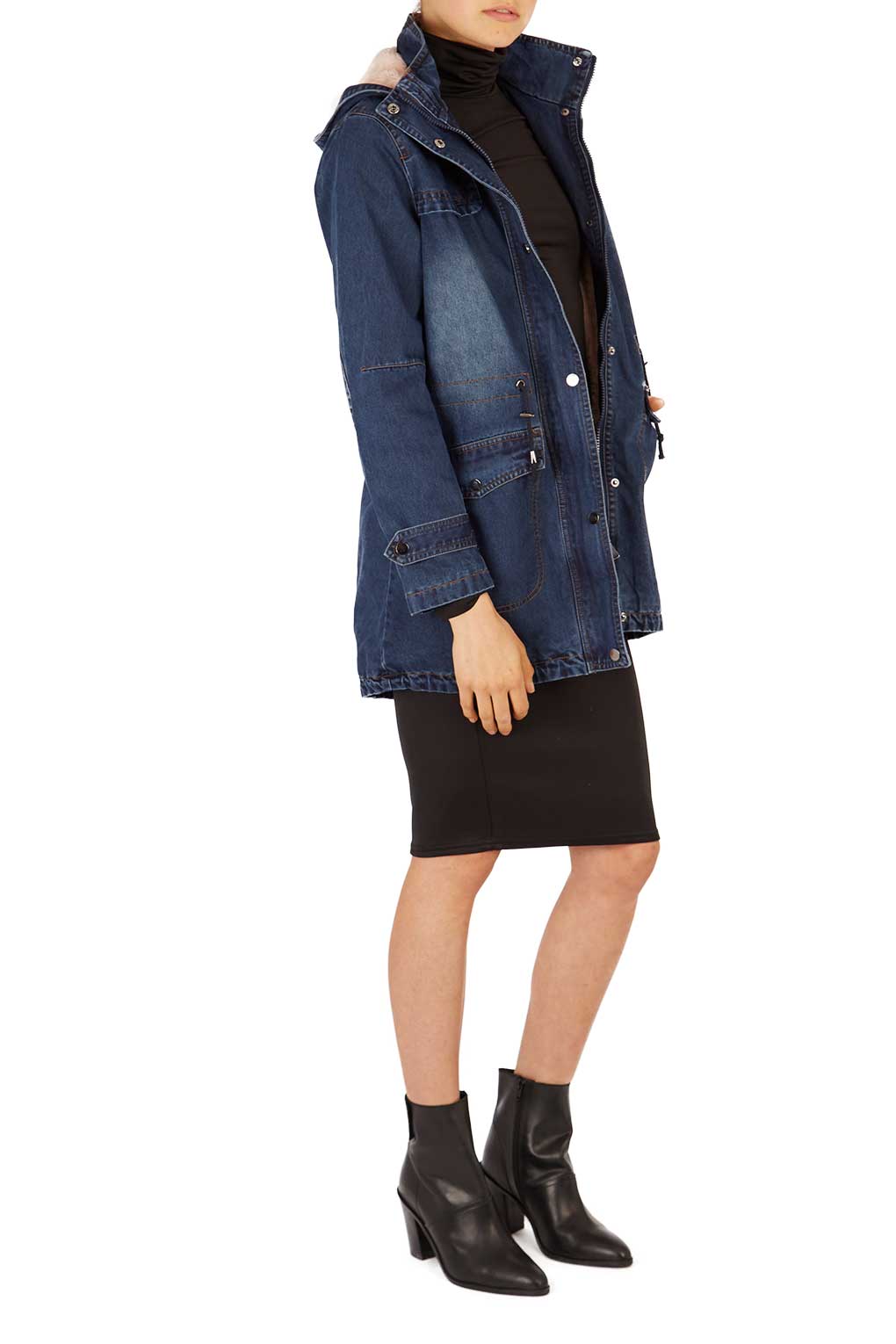 Denim Parka with Faux Fur Hood