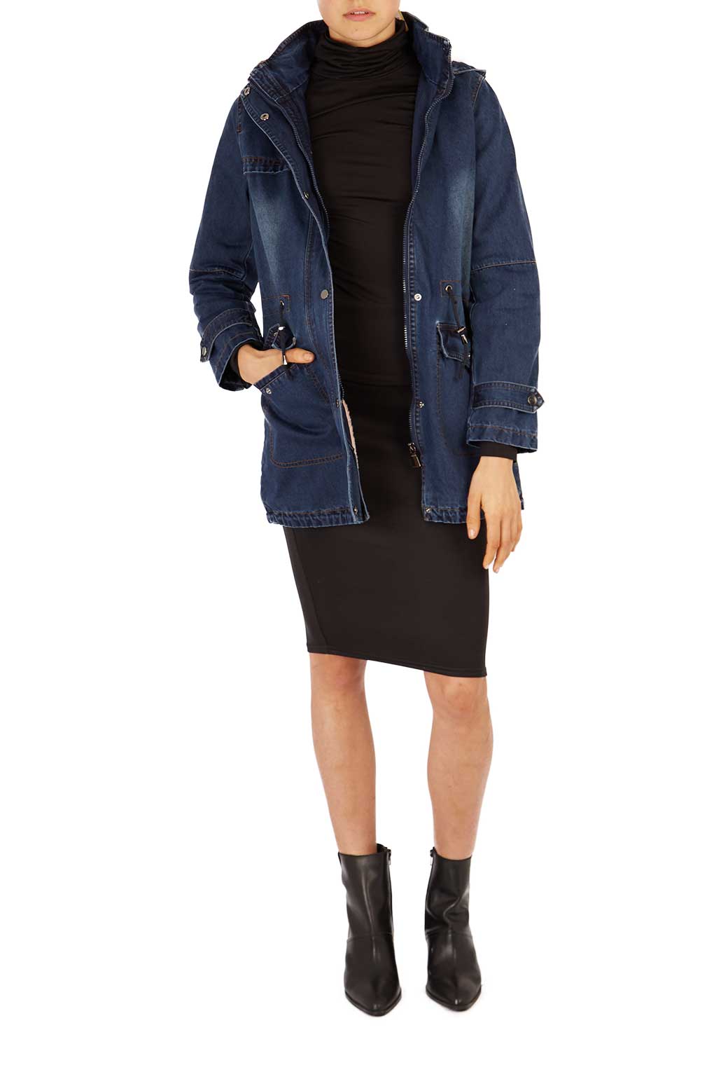 Denim Parka with Faux Fur Hood