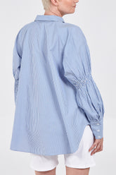 Stripe High Low Shirred Sleeve Detail Shirt