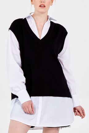Knitted V-Neck Vest 2 in 1 Shirt Dress