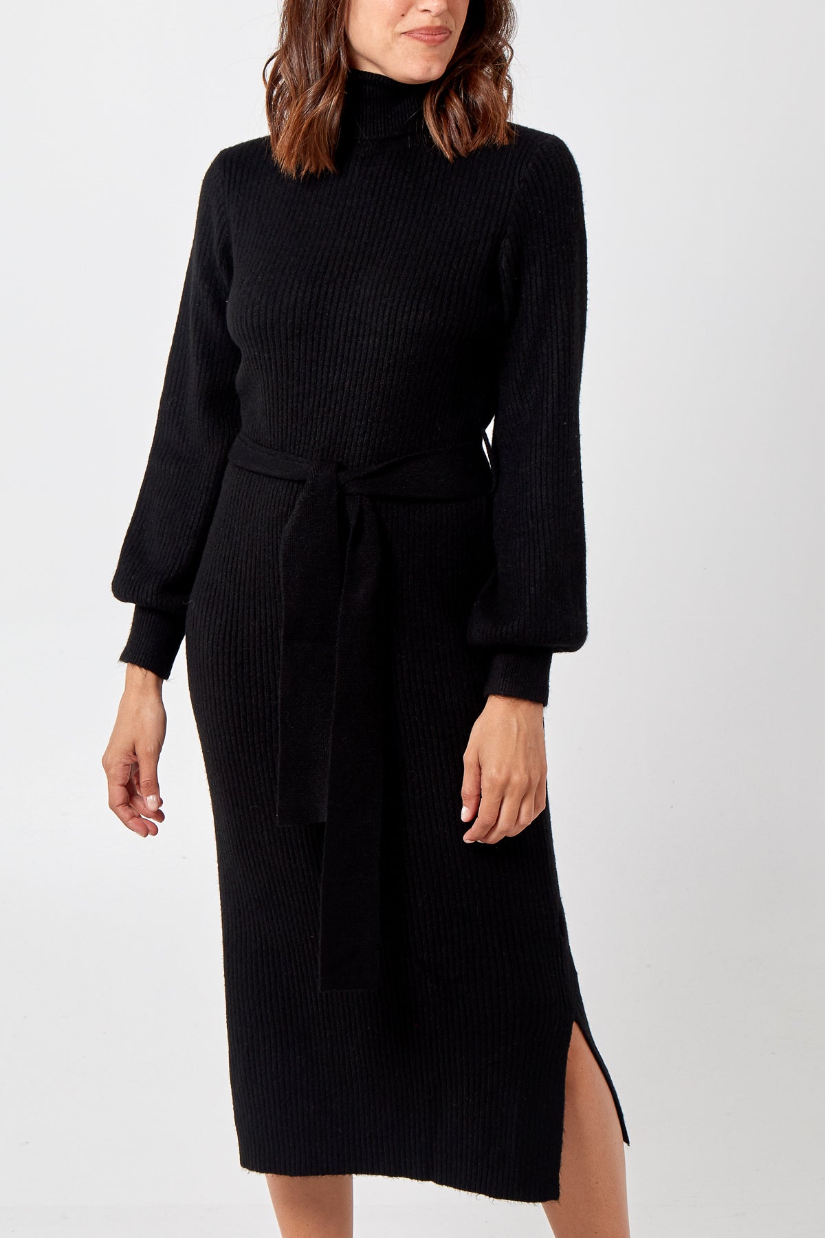 Roll Neck Belted Midi Dress
