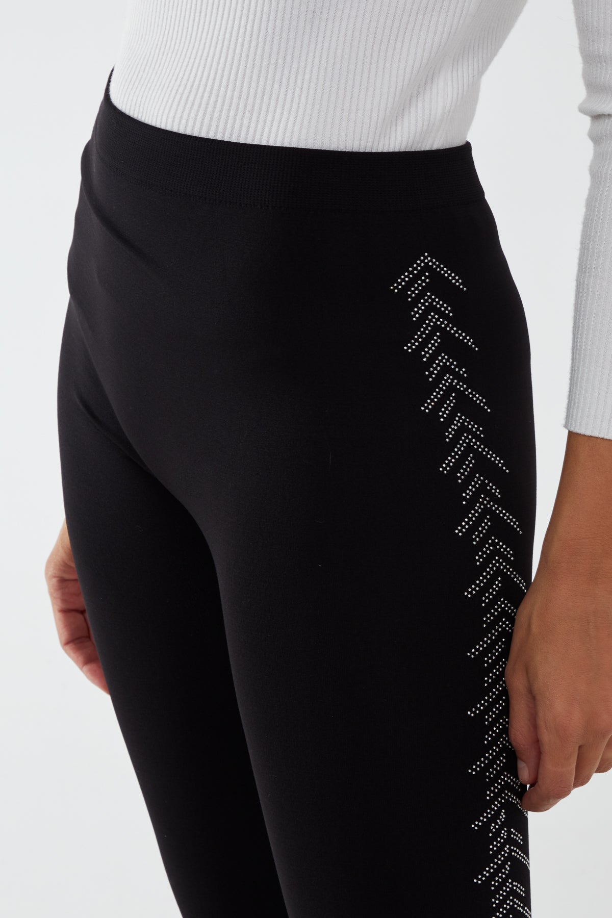 Fleece Lined Leggings With Abstract Chevron Diamante Side Pattern