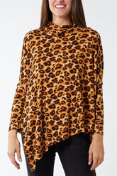 Leopard Print Roll Neck Asymmetric Oversized Top