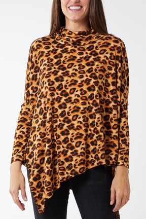 Leopard Print Roll Neck Asymmetric Oversized Top