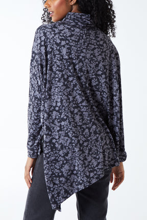 Kate Floral Print Roll Neck Asymmetric Oversized Top