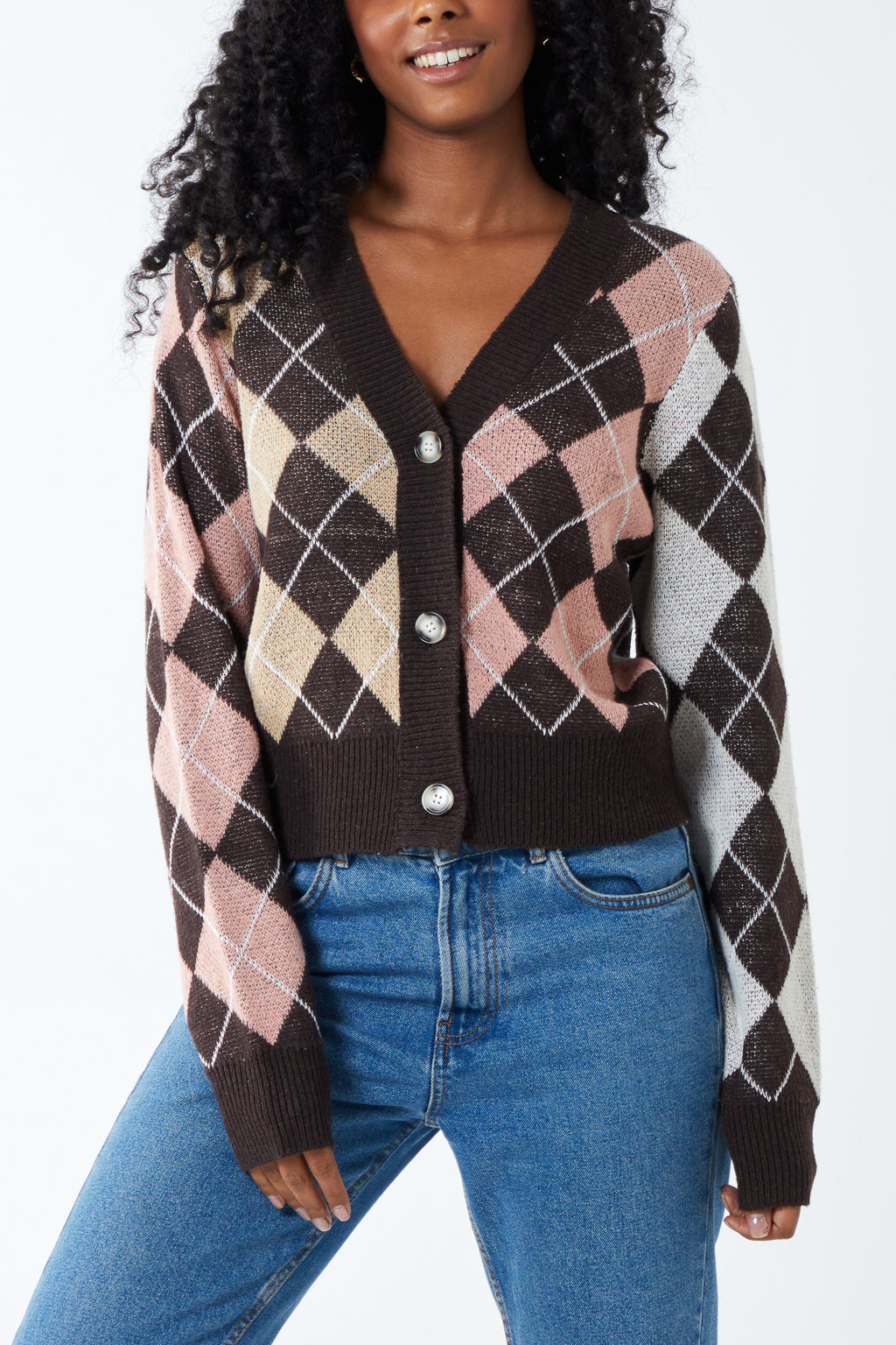 Multicolour Argyle Pattern Block Button Cardigan