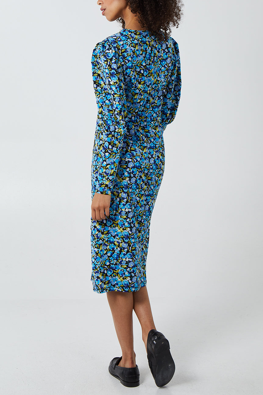 Floral Print Contrast Sleeve Midi Dress