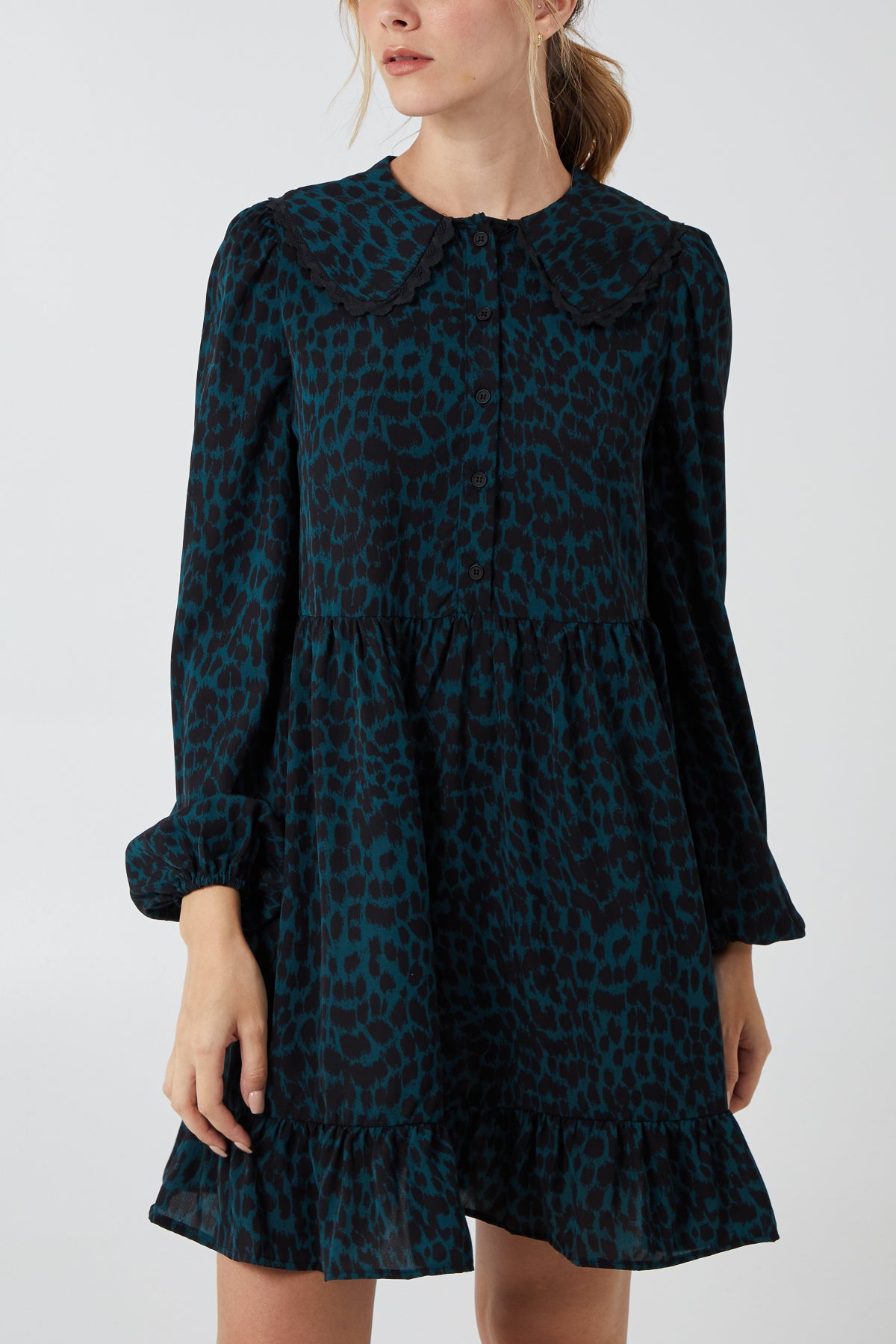 Animal Lace Trim Smock Shirt Dress