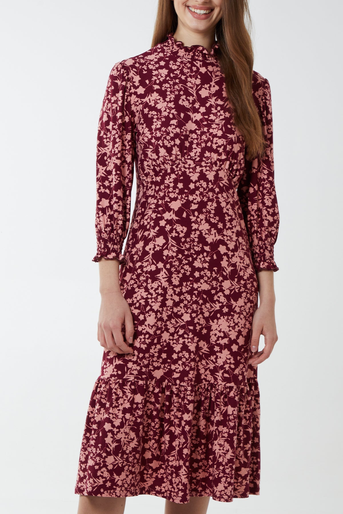 Floral Shirring High Neck & Cuff Soft Touch Midi Stretch Dress