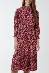Floral Shirring High Neck & Cuff Soft Touch Midi Dress