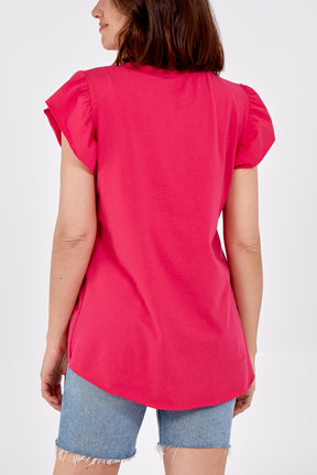 Scoop Neck Frill Sleeve Top With Necklace