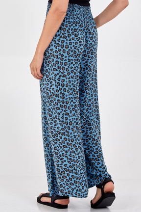 Leopard Print Ruched Waist Wide Leg Trousers