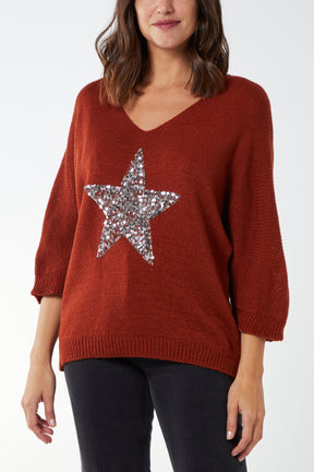 Sequin Star V-Neck Knitted Top