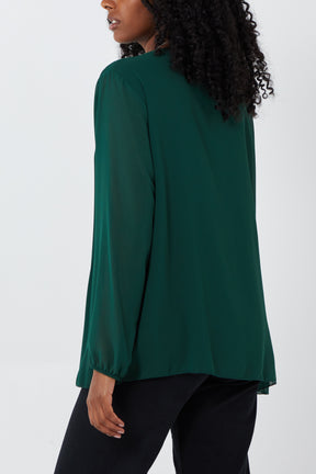 Pleated Long Sleeve Necklace Top